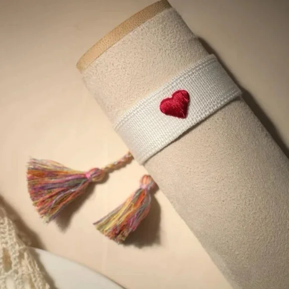 White Woven Embroidered Tassel Bracelet with Red Heart Accent - Picture 6 of 8